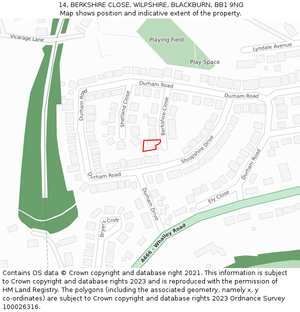 14, BERKSHIRE CLOSE, WILPSHIRE, BLACKBURN, BB1 9NG: Location map and indicative extent of plot