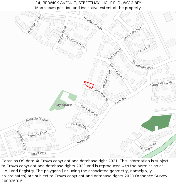 14, BERWICK AVENUE, STREETHAY, LICHFIELD, WS13 8FY: Location map and indicative extent of plot