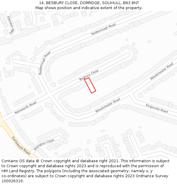 14, BESBURY CLOSE, DORRIDGE, SOLIHULL, B93 8NT: Location map and indicative extent of plot