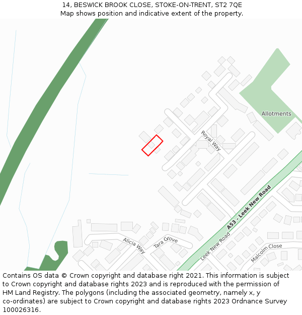 14, BESWICK BROOK CLOSE, STOKE-ON-TRENT, ST2 7QE: Location map and indicative extent of plot