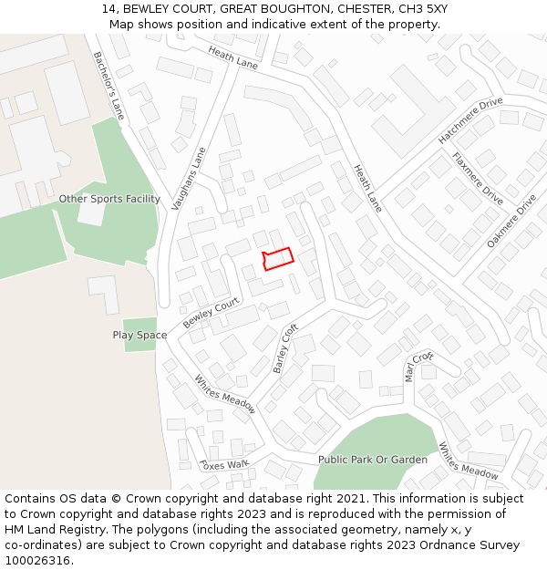 14, BEWLEY COURT, GREAT BOUGHTON, CHESTER, CH3 5XY: Location map and indicative extent of plot