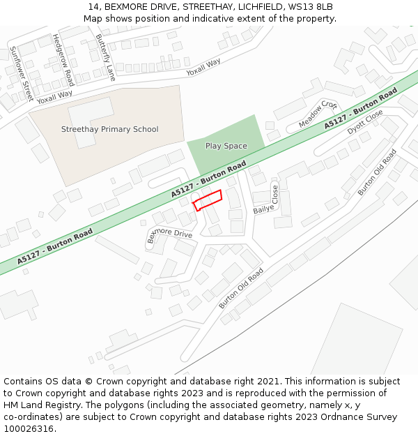 14, BEXMORE DRIVE, STREETHAY, LICHFIELD, WS13 8LB: Location map and indicative extent of plot