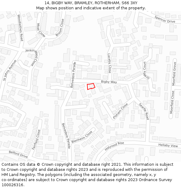 14, BIGBY WAY, BRAMLEY, ROTHERHAM, S66 3XY: Location map and indicative extent of plot