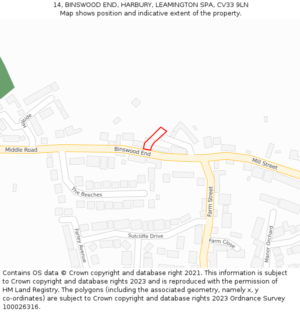 14, BINSWOOD END, HARBURY, LEAMINGTON SPA, CV33 9LN: Location map and indicative extent of plot