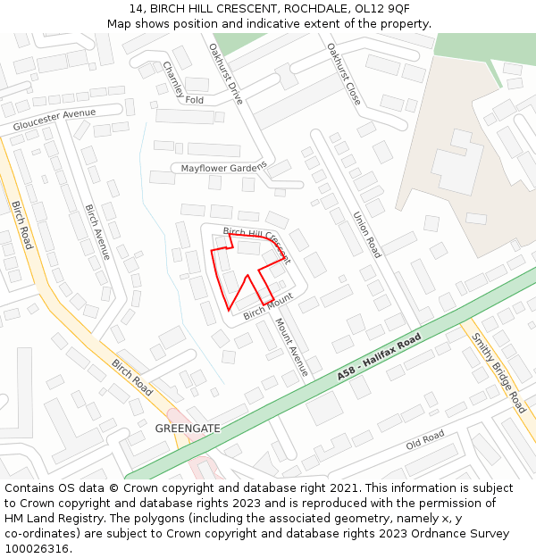 14, BIRCH HILL CRESCENT, ROCHDALE, OL12 9QF: Location map and indicative extent of plot