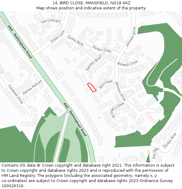 14, BIRD CLOSE, MANSFIELD, NG18 4AZ: Location map and indicative extent of plot