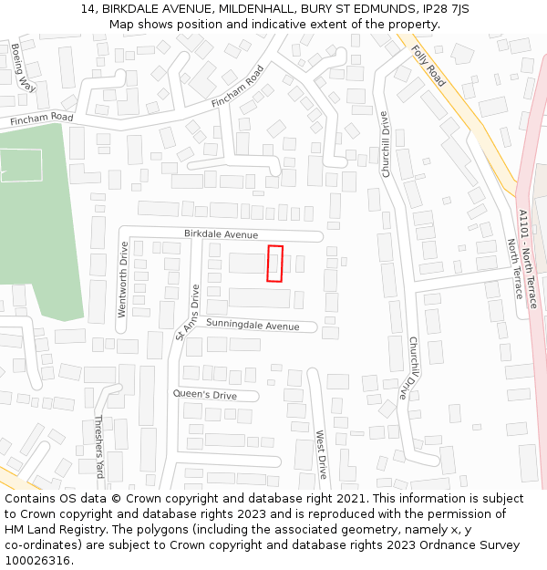 14, BIRKDALE AVENUE, MILDENHALL, BURY ST EDMUNDS, IP28 7JS: Location map and indicative extent of plot