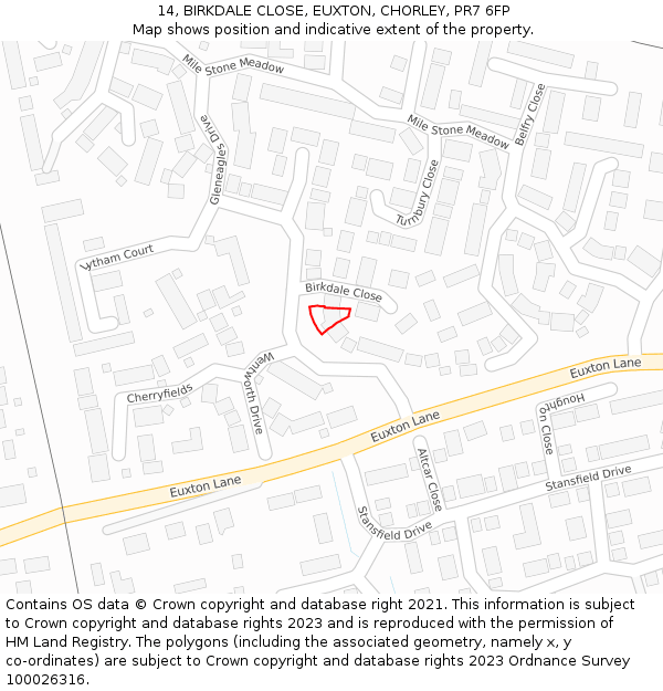 14, BIRKDALE CLOSE, EUXTON, CHORLEY, PR7 6FP: Location map and indicative extent of plot