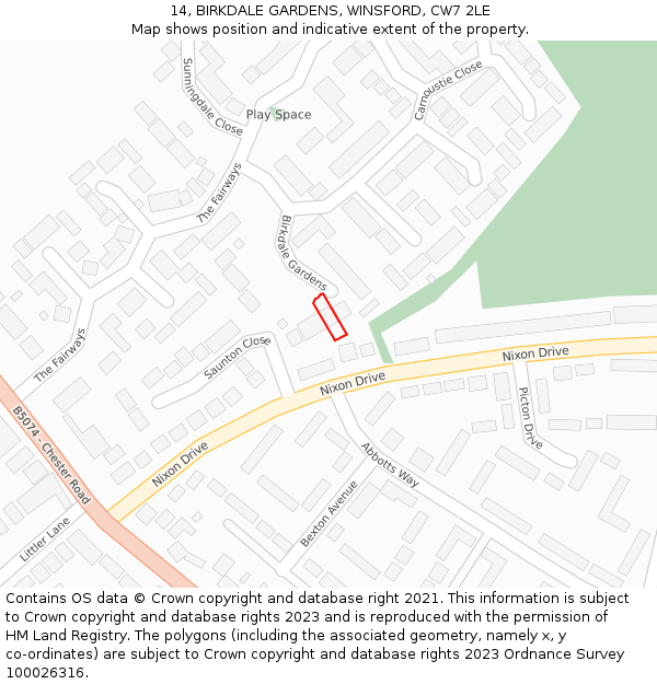 14, BIRKDALE GARDENS, WINSFORD, CW7 2LE: Location map and indicative extent of plot