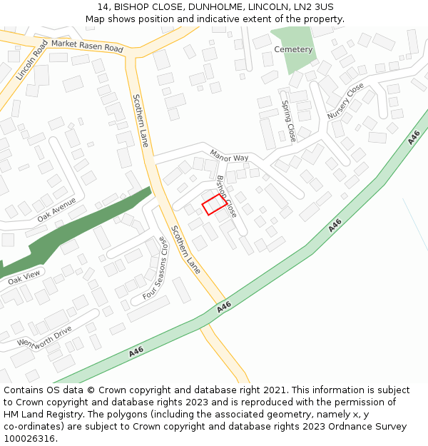 14, BISHOP CLOSE, DUNHOLME, LINCOLN, LN2 3US: Location map and indicative extent of plot