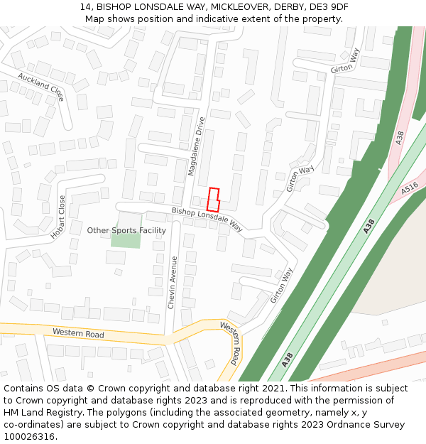 14, BISHOP LONSDALE WAY, MICKLEOVER, DERBY, DE3 9DF: Location map and indicative extent of plot