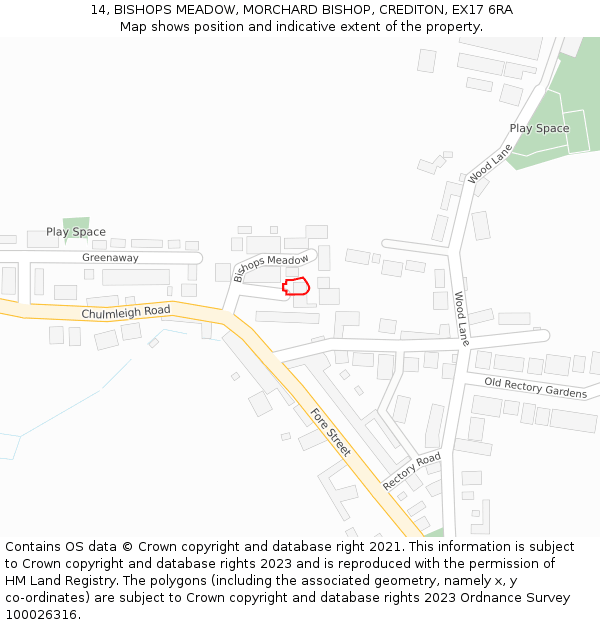 14, BISHOPS MEADOW, MORCHARD BISHOP, CREDITON, EX17 6RA: Location map and indicative extent of plot