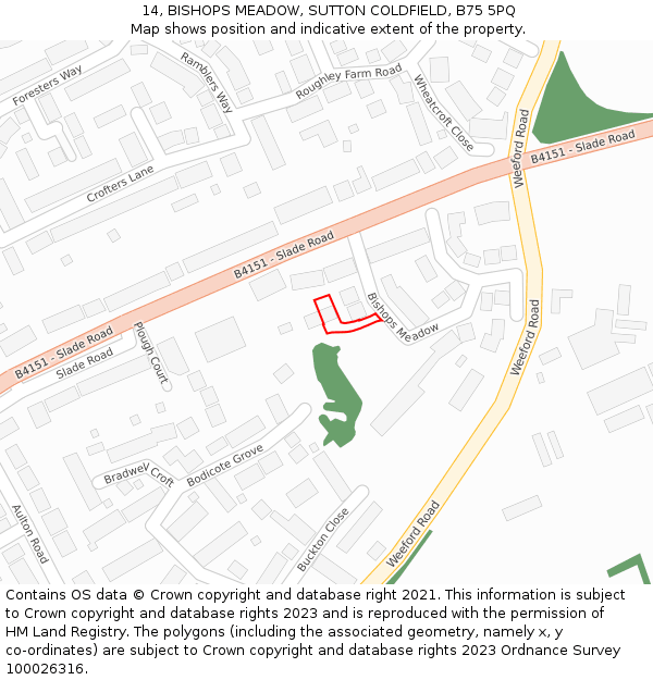 14, BISHOPS MEADOW, SUTTON COLDFIELD, B75 5PQ: Location map and indicative extent of plot