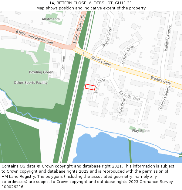 14, BITTERN CLOSE, ALDERSHOT, GU11 3FL: Location map and indicative extent of plot