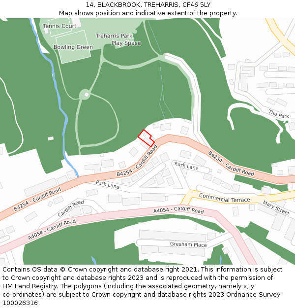 14, BLACKBROOK, TREHARRIS, CF46 5LY: Location map and indicative extent of plot