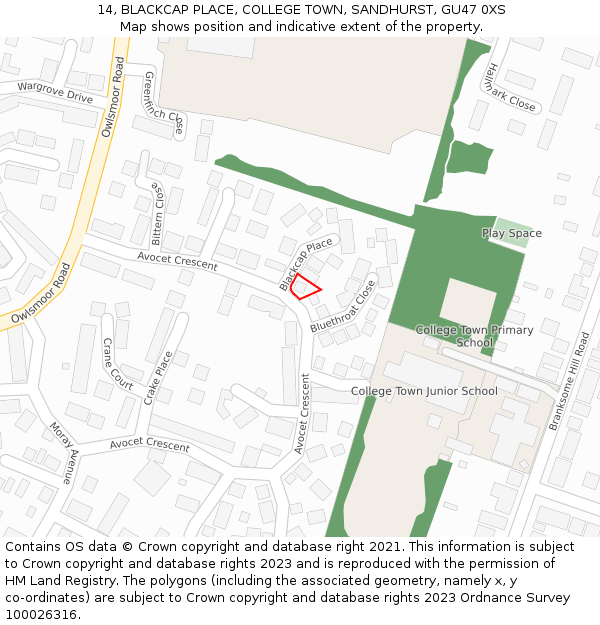 14, BLACKCAP PLACE, COLLEGE TOWN, SANDHURST, GU47 0XS: Location map and indicative extent of plot