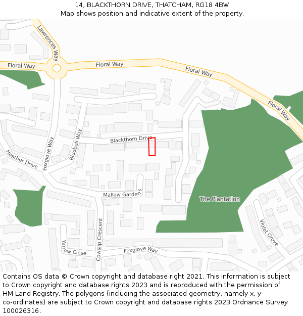 14, BLACKTHORN DRIVE, THATCHAM, RG18 4BW: Location map and indicative extent of plot