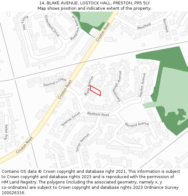 14, BLAKE AVENUE, LOSTOCK HALL, PRESTON, PR5 5LY: Location map and indicative extent of plot