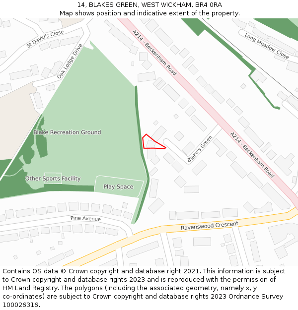 14, BLAKES GREEN, WEST WICKHAM, BR4 0RA: Location map and indicative extent of plot