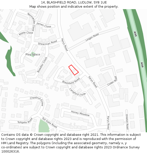 14, BLASHFIELD ROAD, LUDLOW, SY8 1UE: Location map and indicative extent of plot