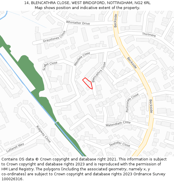 14, BLENCATHRA CLOSE, WEST BRIDGFORD, NOTTINGHAM, NG2 6RL: Location map and indicative extent of plot