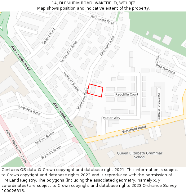 14, BLENHEIM ROAD, WAKEFIELD, WF1 3JZ: Location map and indicative extent of plot