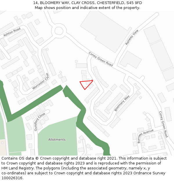 14, BLOOMERY WAY, CLAY CROSS, CHESTERFIELD, S45 9FD: Location map and indicative extent of plot