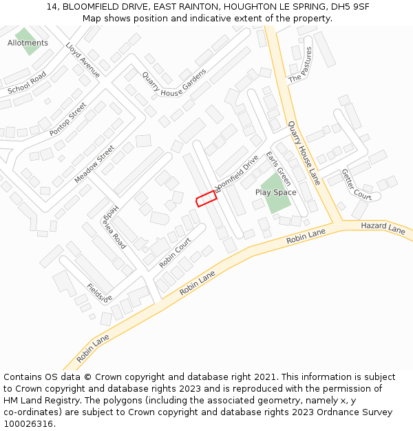 14, BLOOMFIELD DRIVE, EAST RAINTON, HOUGHTON LE SPRING, DH5 9SF: Location map and indicative extent of plot