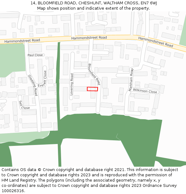 14, BLOOMFIELD ROAD, CHESHUNT, WALTHAM CROSS, EN7 6WJ: Location map and indicative extent of plot