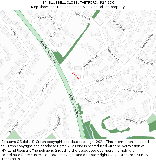 14, BLUEBELL CLOSE, THETFORD, IP24 2DG: Location map and indicative extent of plot