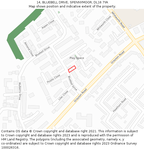 14, BLUEBELL DRIVE, SPENNYMOOR, DL16 7YA: Location map and indicative extent of plot