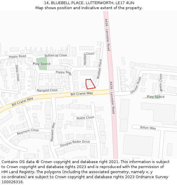 14, BLUEBELL PLACE, LUTTERWORTH, LE17 4UN: Location map and indicative extent of plot