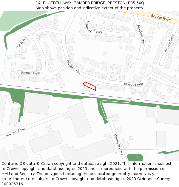 14, BLUEBELL WAY, BAMBER BRIDGE, PRESTON, PR5 6XQ: Location map and indicative extent of plot