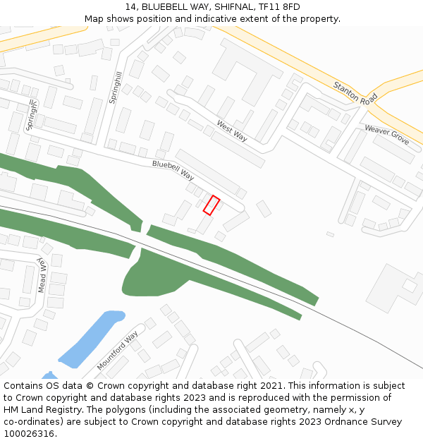 14, BLUEBELL WAY, SHIFNAL, TF11 8FD: Location map and indicative extent of plot