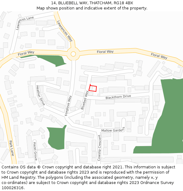 14, BLUEBELL WAY, THATCHAM, RG18 4BX: Location map and indicative extent of plot