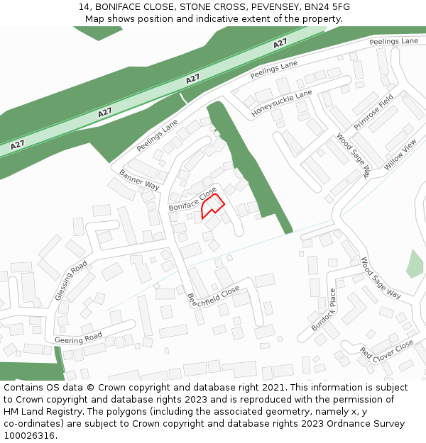 14, BONIFACE CLOSE, STONE CROSS, PEVENSEY, BN24 5FG: Location map and indicative extent of plot