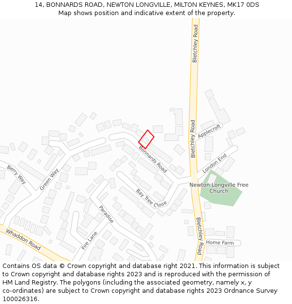 14, BONNARDS ROAD, NEWTON LONGVILLE, MILTON KEYNES, MK17 0DS: Location map and indicative extent of plot