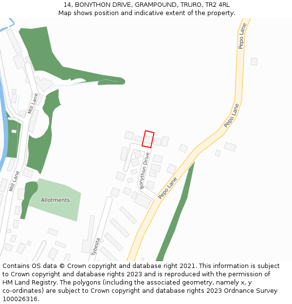 14, BONYTHON DRIVE, GRAMPOUND, TRURO, TR2 4RL: Location map and indicative extent of plot