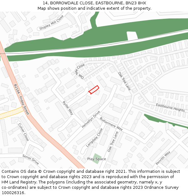 14, BORROWDALE CLOSE, EASTBOURNE, BN23 8HX: Location map and indicative extent of plot
