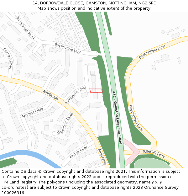 14, BORROWDALE CLOSE, GAMSTON, NOTTINGHAM, NG2 6PD: Location map and indicative extent of plot