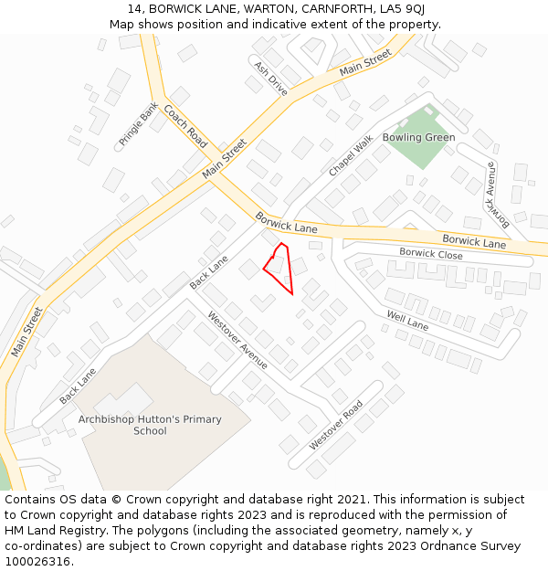 14, BORWICK LANE, WARTON, CARNFORTH, LA5 9QJ: Location map and indicative extent of plot