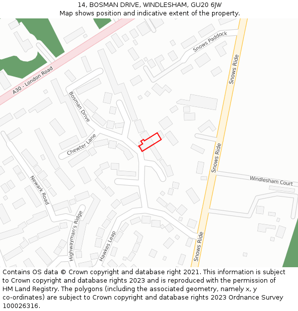 14, BOSMAN DRIVE, WINDLESHAM, GU20 6JW: Location map and indicative extent of plot
