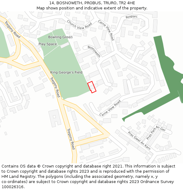 14, BOSNOWETH, PROBUS, TRURO, TR2 4HE: Location map and indicative extent of plot