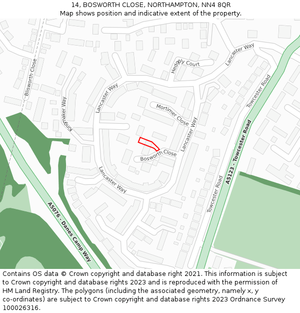 14, BOSWORTH CLOSE, NORTHAMPTON, NN4 8QR: Location map and indicative extent of plot