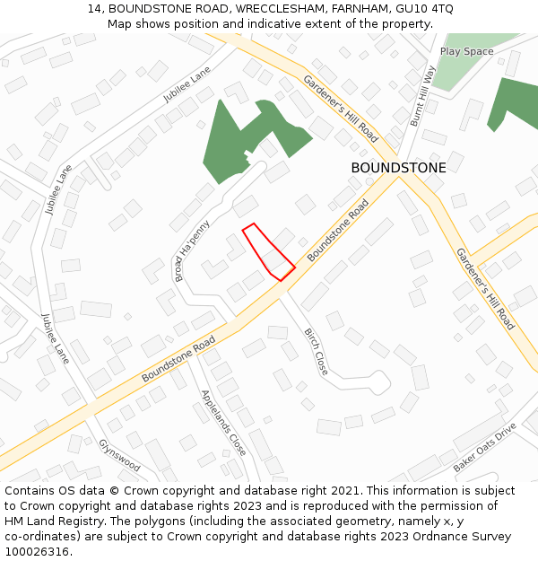 14, BOUNDSTONE ROAD, WRECCLESHAM, FARNHAM, GU10 4TQ: Location map and indicative extent of plot