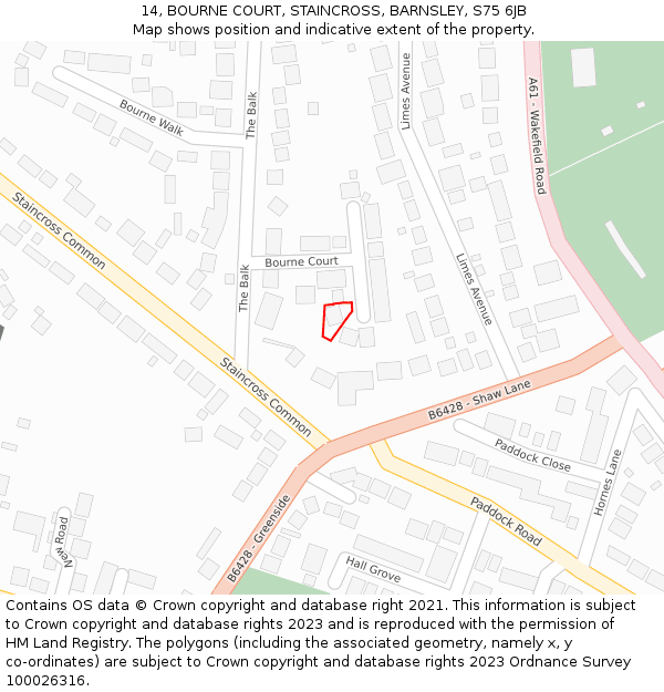 14, BOURNE COURT, STAINCROSS, BARNSLEY, S75 6JB: Location map and indicative extent of plot