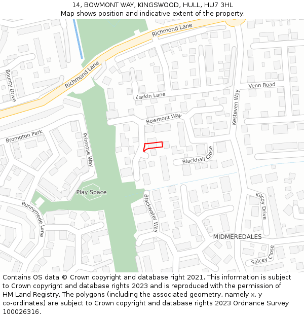 14, BOWMONT WAY, KINGSWOOD, HULL, HU7 3HL: Location map and indicative extent of plot