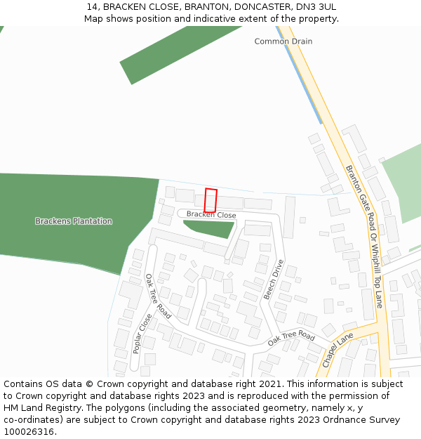 14, BRACKEN CLOSE, BRANTON, DONCASTER, DN3 3UL: Location map and indicative extent of plot