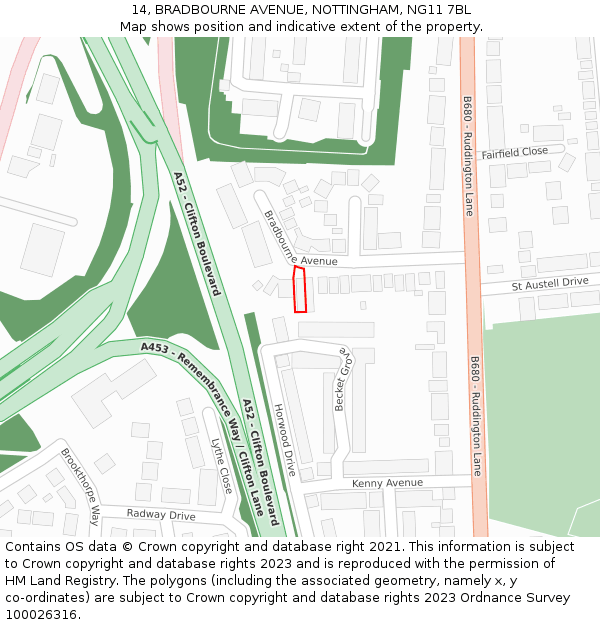 14, BRADBOURNE AVENUE, NOTTINGHAM, NG11 7BL: Location map and indicative extent of plot