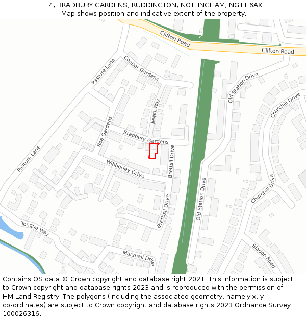 14, BRADBURY GARDENS, RUDDINGTON, NOTTINGHAM, NG11 6AX: Location map and indicative extent of plot